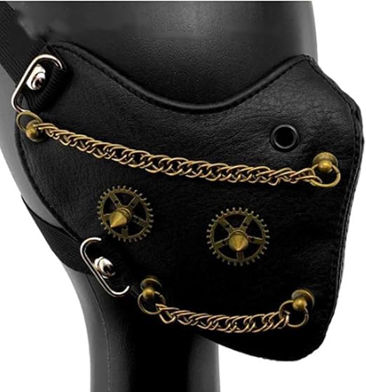 JIAHG Steampunk Party Mask for Adults Black Faux Leather Halloween Costume Face Mask with Bronze Rivets & Metal Gears Gothic Retro Cosplay Mask for Masquerade Festival - Image 3