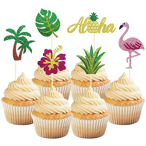 24 pièces Scintillantes Tropical Décoration Gâteau Anniversaire, Flamant Rose Cupcake Toppers, Aloha Cake Topper Ananas Décoration pour Hawaii Aloha Luau...