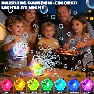 Rechargeable Bubble Machine - Auto 90/360 Rotation, Remote Control and 7 Colors RGB LED Light, Bubbles Maker Toys for Kids, Bubbles for Wedding Parties, Easter Birthday and Xmas Gift for Boys Girls