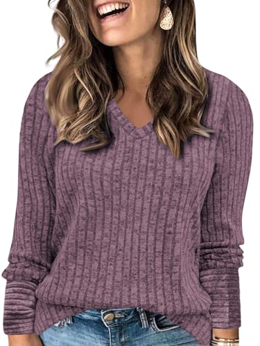 Womens Sweaters Plus Size Loose Fit Ribbed Knit Tunics Trendy V-Neck Shirts Basic Long Sleeve Tops Fuchsia 3XL