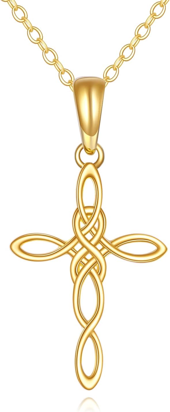 DOVRAN 14K Solid Gold Celtic Cross Necklace for Women Cross Pendant Wedding Necklace Real Gold Cross Jewelry for Her