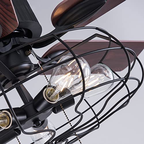 52" Farmhouse Caged Ceiling Fan With Light And Remote Control Rustic Industrial Chandelier Fan With 5 Reversible Wood Blades Black Retro Indoor Fandelier For Living Room Dining Room Bedroom #TOP5
