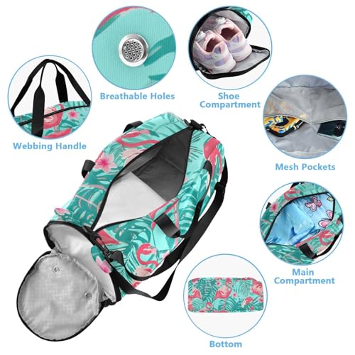 Pink Flamingos Pattern Kids Overnight Duffle Bag,Gymnastics Sports Dance Bag with Shoe Compartment & Wet Pocket, Travel Weekender Tote for Boys & Girls4