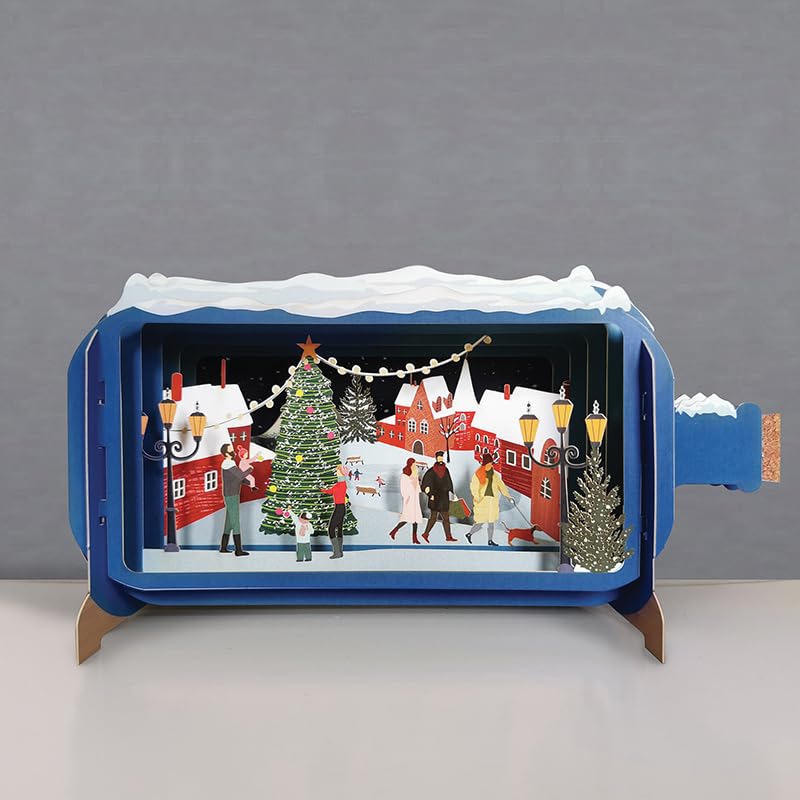 Message In A Bottle Village Xmas Tree Pop Up Christmas Card By Alljoy Cards XMIB086, Blue, 24cm x 12cm - Image 2