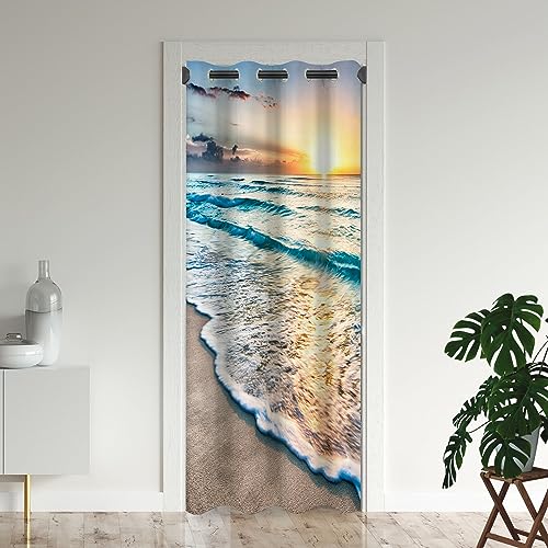 Beach Door Curtains for Doorways, Ocean Scenery Coastal Wave Seaside Coastal Sea Blackout Curtain for Kids Bedroom Closet, Grommet Thermal Insulated Privacy Door Drapes for Room Divider, 34