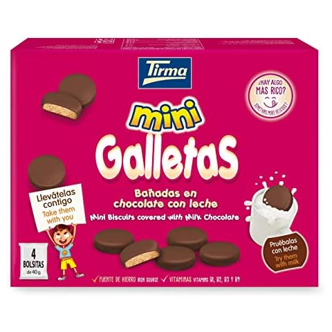 Tirma Mini Chocolate Biscuits Box | Contains 4 x 40g Bite Size Sharing Bags | Vegetarian | Spanish Chocolate Biscuits for Kids | 160g Cover