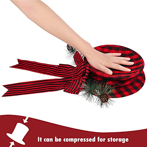 Mceast Christmas Tree Topper Hat Buffalo Plaid Topper Hat With Stripe Bow And Pinecones Xmas Tree Top Ornament For Christmas Tree Decoration, Red And Black #TOP3