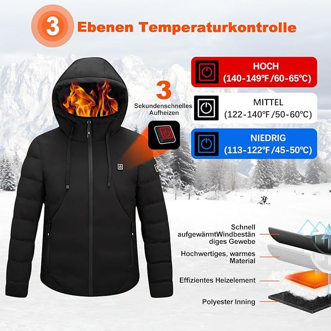 Chaqueta Calefactable con Capucha, Hombres Ropa Abrigada de Invierno Mujeres Abrigos Impermeables con 10000 mAh 3 Niveles de Calefacción y 4 Zonas Calefactables para Actividades al Aire Libre