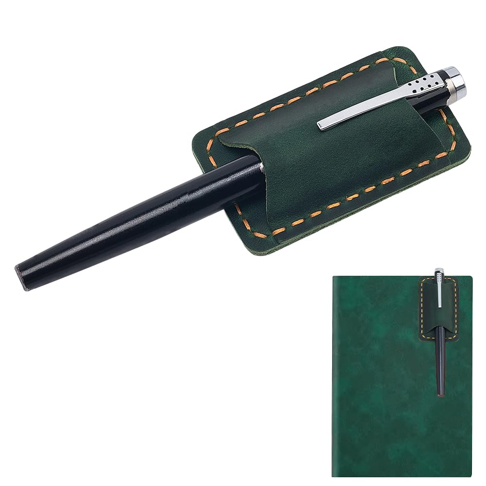 CRASPIRE Handmade Leather Pen Holder Clip Cowhide Pen Loop Holder for Notebook Sturdy Dark Green Pencil Holder with Metal Clip for Teacher Supplies Classroom Desk Organizer Accessories
