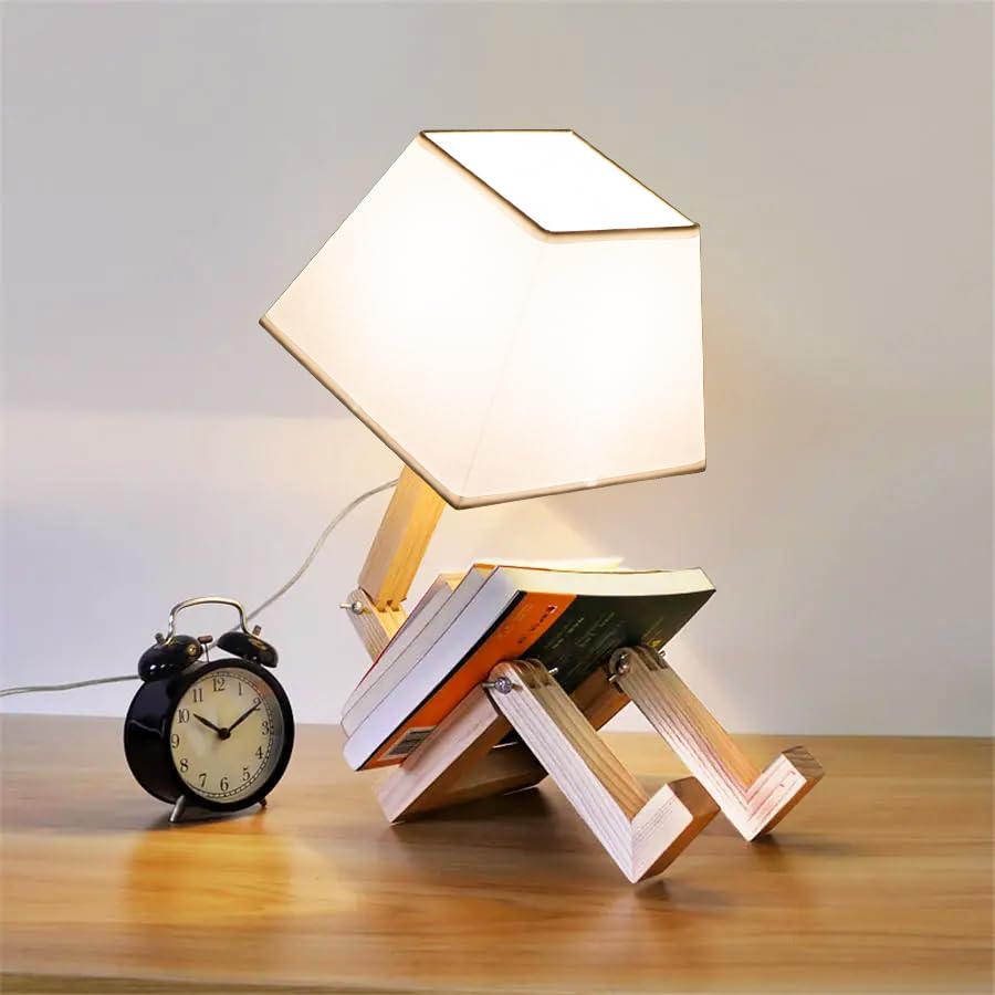 ELINKUME Cute Robot Desk Lamp,Unique Dimmable Bedside Table Lamps for Bedroom,Square Lampshade Night Light with Foldable Wood Body,Fun Kids Lamp,Nightstand lamp for Study,Office,Living Room Decor - Image 5