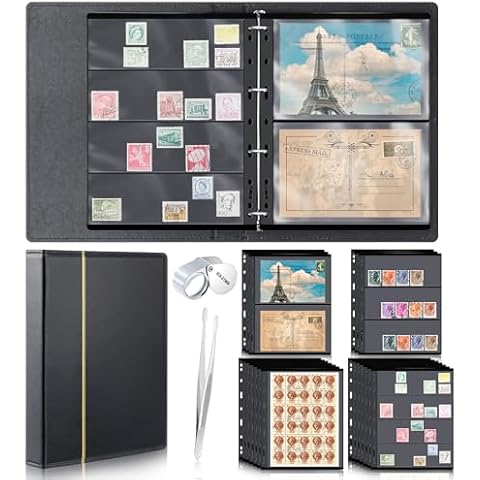 Lewtemi Stamp Collecting Albums Set 20 Stamp Pages 1 Stamp Album Binder 1 Stamp Tweezer 1 Loop Magnifier Stamp Collecting Supplies Stamp Album Binders for Stamp Collectors(Black) Cover