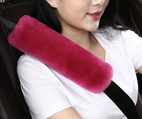 Dotesy Auto Genuine Sheepskin Seat Belt Cover,Universal Fuzzy Pure Wool Car Seatbelt Cover Shoulder Pads for Adults Kids Children,Safety Belt Strap Chest Protector Neck Cushion,Rose Red