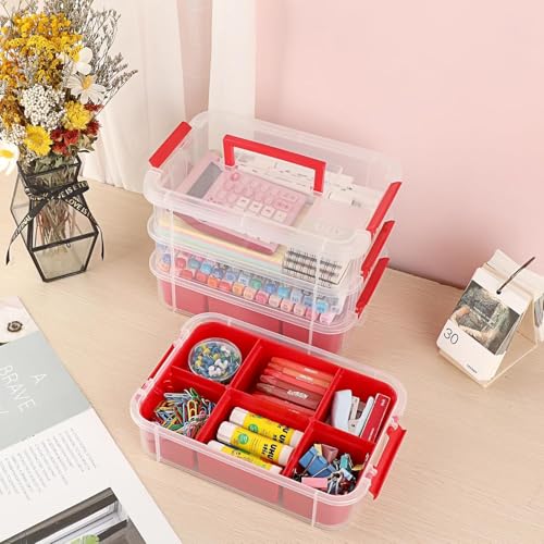 Image of plastic boxes for Storage transparent boxes for storage, Portable & Stackable Space Saving Organiser with Lid for Medicine, Jewelry, Arts & Crafts, Buttons, Beads (Red, 4 TIER WITH 2 TRAY)