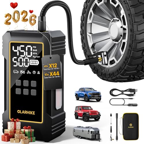 OlarHike Powerful 12000mAh Heavy Duty Tire Inflator Portable Air Compressor, 150PSI Dual Power 12V&Cordless Air Pump for Car Tires, Pickup Trucks, Jeeps, SUVs & RVs. Digital Pressure Gauge & LED Light