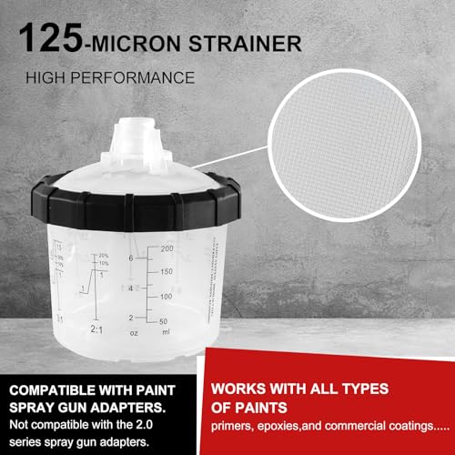 Image of Disposable Paint Spray Gun Cup Liners & Lid System, 50Pcs Standard 6.76 Ounce (200ml) Kit - 125 Mic- 50 Cup Liners, 50 Lids with Strainer, 1 Hard Cup with Retainer Ring 20 Plugs