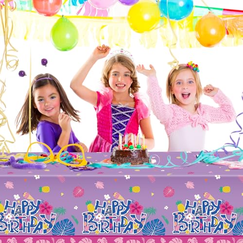 Image of Oudain 3 Pcs Cartoon Birthday Party Disposable Tablecloth Decoration Hawaiian Hibiscus Tropical Leaves Pattern Table Cloths 108'' x 54'' Luau Plastic Waterproof Rectangular Covers for Party (Purple)