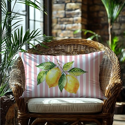 Image of Pink and Yellow Summer Italian Mediterranean Amalfi Coast Lemon Pillow Cover Decor 12x20,Italian Striped Decorative Throw Pillow Cover Decor for Couch Double-Sided