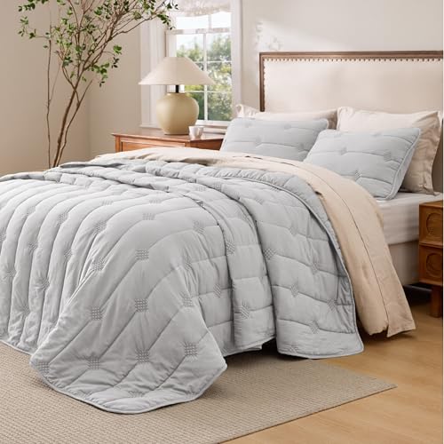 Image of Bedsure Lightweight Comforter Queen Size - Extra Soft & Breathable Quilt Set, 3 Piece Prewashed Cotton-Like Polyester Bedding, Includes 1 Quilt 90x96 Inches with 2 Shams, Machine Washable, Light Grey