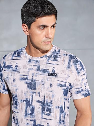 Image of TECHNOSPORT Men's Polyester Slim Fit All Over Print Crew Neck Half Sleeve T-Shirt with Technocool+,SPF50+ and Quick Dry