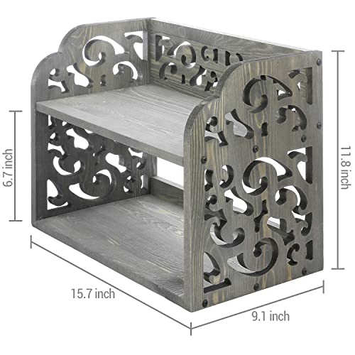 Mygift Vintage Gray Wood Desktop Bookshelf Organizer With Scrollwork Cutout Design, 2 Tier Office Dorm Desk Stationery Rack Shelf #TOP1