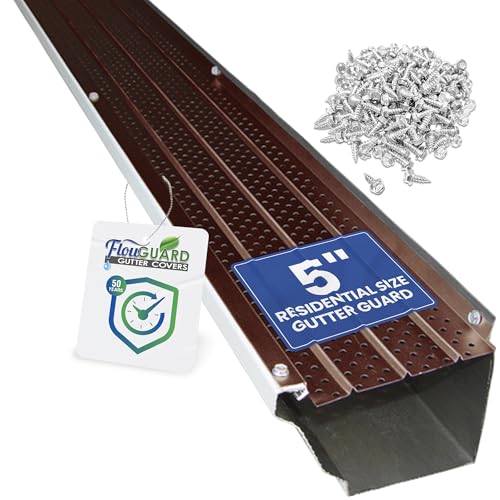 FlowGuard Gutter Guard, USA Made Professional DIY 5 Inch 50-Year Gutter Cover Leaf Protection System - Brown - Aluminum - 102 Feet - by FlexxPoint by FLEXXPOINT - Used condition - US$136.95