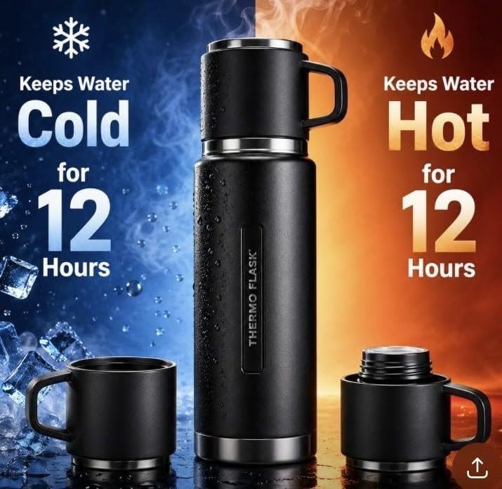 Image of Thermo Flask Vacuum Flask Set, Stainless Steel, 500ml, Insulated Double Wall, Hot and Cold Bottle with 3 Cups
