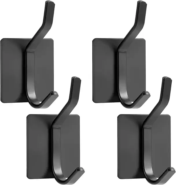 4pcs Self-Adhesive Wall Hooks for Bathroom, Cupboards, Doors - No Drilling, Stainless Black