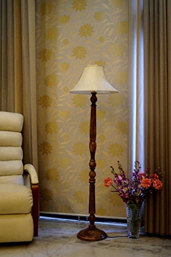 Mango Wood Brown Floor LAMP with Shade-CONICAL-Color-Khadi