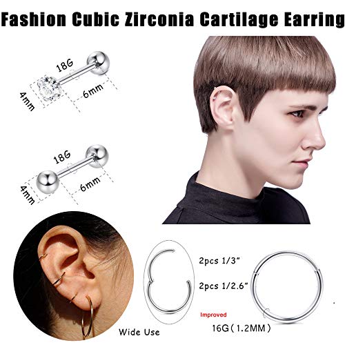 Jstyle 8Pairs Stainless Steel Helix Cartilage Tragus Stud Earring Hoops For Women Grils Cz Barbell Piercing Earrings Stud Body Piercing Jewelry 16-18G #TOP3