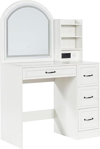 Miniatura 3 de Escritorio de tocador con espejo y luces, mesa de tocador de maquillaje con armario lateral, tocador de 4 cajones con parte superior de cristal,