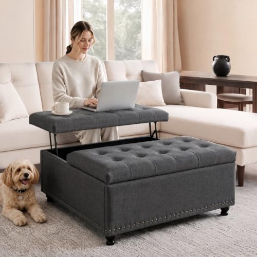 Tbfit 35.5 Inch Large Square Ottoman with Storage, Lift Top, Dark Gray | Lift Top Storage Ottoman Coffee Table, Upholstered Footrest and Extra Seat for Living Room or Bedroom; Supports up to 300 lbs