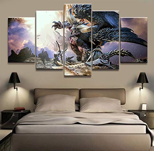 BPHMZ Toile modulaire Image 5 Piece Monster Hunter Jeu Peinture à l'huile Poster Wall Art Décoration d'intérieur Peinture sur Toile décoration Murale (Size (inch) : Size2) Cover