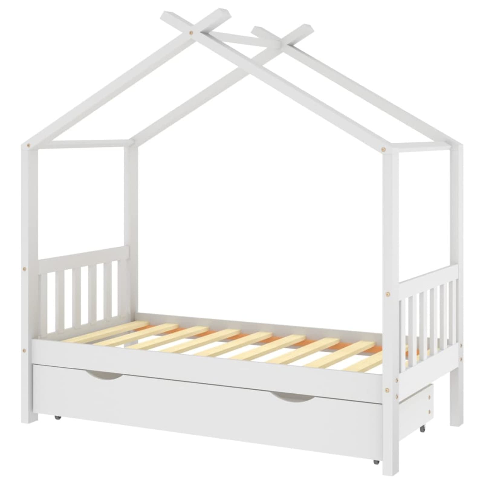 Chusui Kinderbett mit Schublade, Kinderbett, Hausbett, Kinder Bett, Betten, Weiß Massivholz Kiefer 80x160 cm