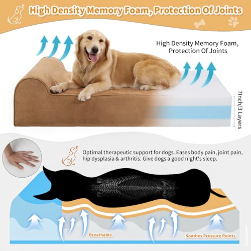 Image of Rainmr Orthopedic Dog Beds for Large Dogs, 7 inch Memory Foam Dog Beds with Waterproof Liner, Durable Microsuede Cover, Removable and Washable, Nonskid Bottom, 60 inchx48 inchx7 inch XXL Khaki