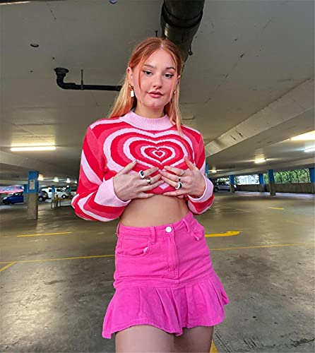 Image of Women Cute Heart Sweater Top Love Heart Printing Valentines Day Knitted Pullover Top Long Sleeve Loose Sweatshirt