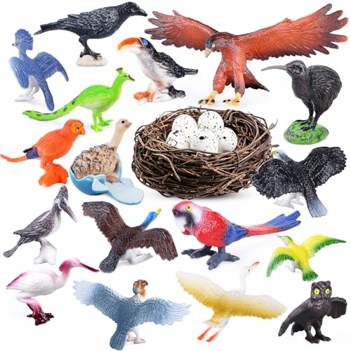SIENON 23Pcs Birds Toys Playset, Assorted Wildlife Bird Figures with Nest, Raven, Kiwi, Ostrich, Macaw, Golden Eagle for Kids Educational Birthday...