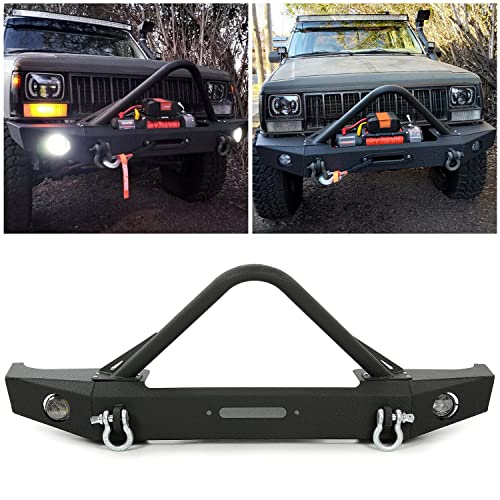 Front Bumper Compatible with 1984-2001 Jeep Cherokee XJ 1984-2001 Jeep Comanche MJ w/Winch Plate & Fog Lights Black