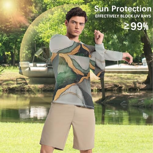 Marble Green Gray Men's Swim Shirts UPF 50+ Fishing Elasticity UV Sun Protection Long Sleeve Shirts Water Fishing4