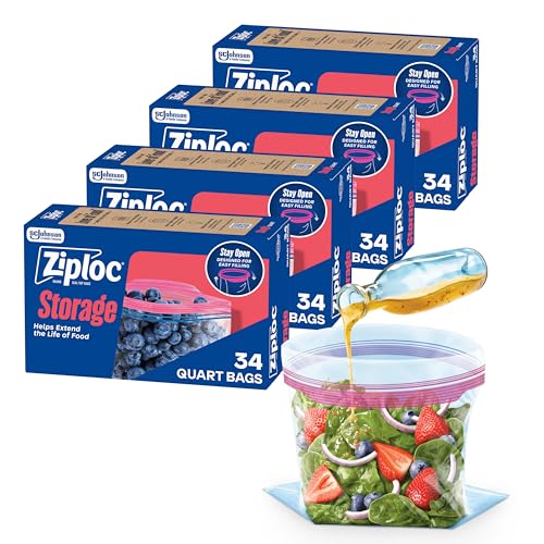 Ziploc Quart Food Storage Bags Stand-Up Bottom Easy to Fill 136 Count