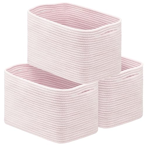 Image of LOVSTORAGE Woven Basket for Organizing, 3 Pack Cotton Rope Basket 14.5""X9.5""X9.3"" Square Rope Nursery Basket Laundry Basket Decorative Basket Bin for Living Room Bedroom - Pink, B14-CFT3