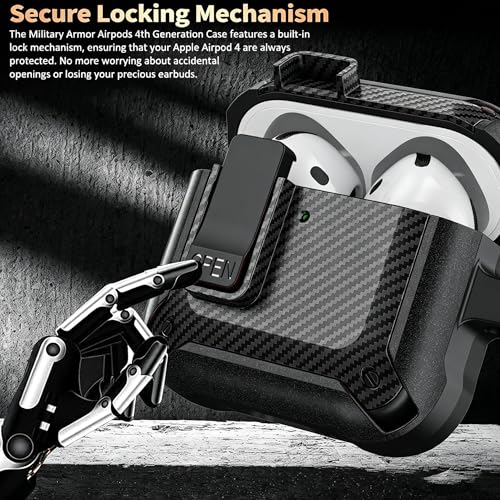 Image of Olytop for Airpods 4 Case with Lock Clip, Rugged Apple Airpods 4th Generation Cover 2024 Men Women, Armor Shockproof iPod 4 Gen Protective Hard Shell with Carabiner&Cleaner kit,CF Black
