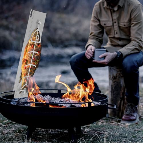Bellanny Edelstahl Flammlachshalter Fischgriller Fischhalter | 52x11,5cm Große Fischbräter Metall, 180° drehbar Fischgrill,5-stufige Neigungseinstellung Grillfisch Rack Fischgrillzange Fischkorb Grill