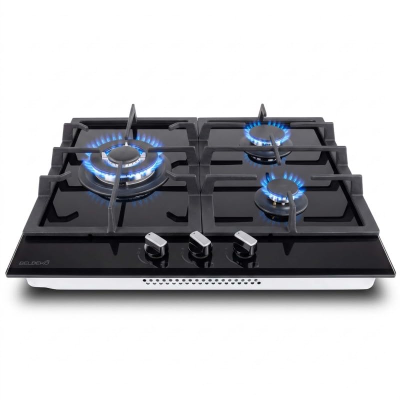 BELDEKO Plaque de cuisson Gaz 3 Feux 60 cm Verre Noir - Grilles Fonte - Marque Française