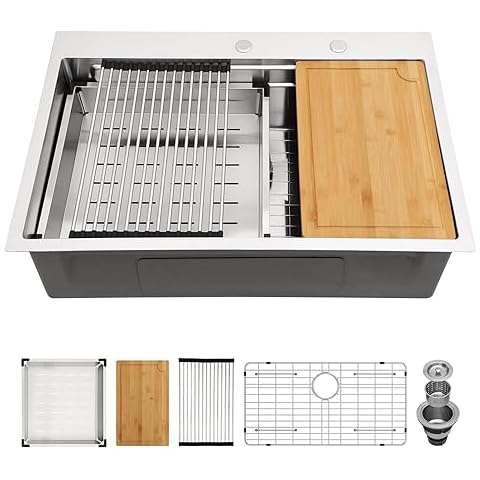 33 Drop In Kitchen Sink - Logmey 33x22 Inch Kitchen Sink Stainless Steel Workstation Sink 16 Gauge Single Bowl Topmount Sink Double Ledges Two-Tier Track with Accessories Cover
