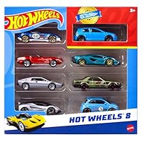 Hot Wheels, Set of 8 Basic Toy Cars & Trucks in 1:64 Scale, Includes 1 Exclusive Car, Different Mixes Released Throughout the Year, Styles May Vary, HPV78