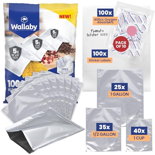 Wallaby 100ct Multi-Size Mylar Bags 400cc Oxygen Absorbers 10 Mil Thickness 1-Gal 10x14 1-Qt 8x12 1/2-Pt 6x8 Heat-Sealable Airtight Flat Silver