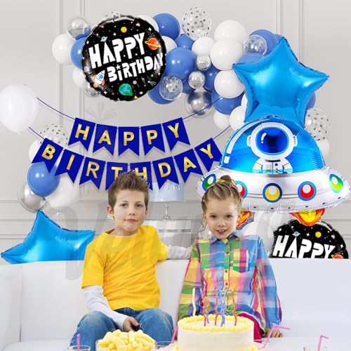 Image of Outer Space Ship Foil Balloons Birthday Decoration Items for Home, Kids, Boy, Girl Bday Party Decor Set of 52 Pcs | Space Theme Birthday Decoration Kit
