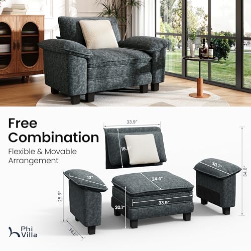 Image of PHI VILLA Oversized Single Sofa Chair, 1 Seater Comfy Sofa with Deep Seat for Reading Nook Bedroom Small Spaces, Chenille Fabric, Dark Cyan