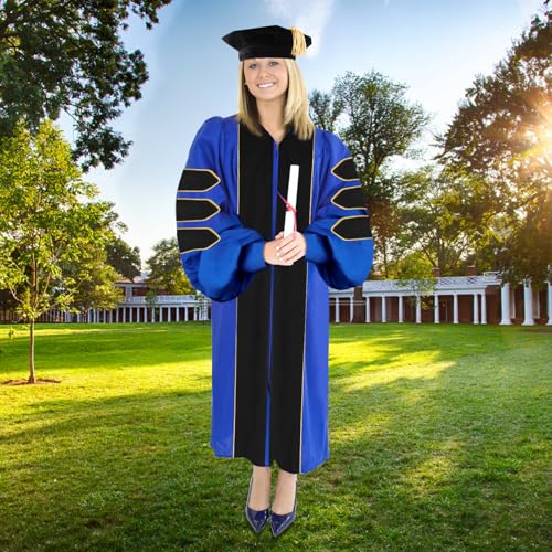 Image of Unisex Deluxe Doctoral Graduation Gown with 8 Sides Doctorate Tam | Gold Piping Doctoral Regalia for Graduation Ceremony Sapphire Blue-48