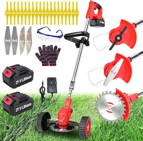 Xbzzgmg Akku Rasentrimmer mit Akku, Rasentrimmer Akku mit 2x4,0mAH - Elektrischer Rasentrimmer mit 4 Messertypen, Akku Rasentrimmer mit Rädern, Einziehbar, Trimmer Garten für Garten, Hof, Gehwege
